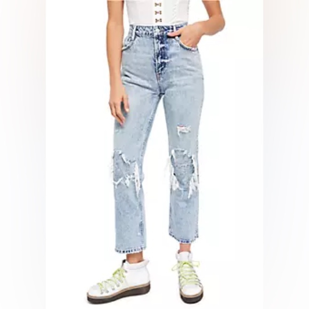 Free People My Own Lane Jeans Size 27 | Distressed Light Wash Straight Raw Hem